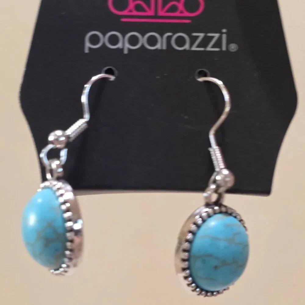 NOC Paparazzi Blue Marbled Round SW Style Silver Dangle Pierced Earrings NOS